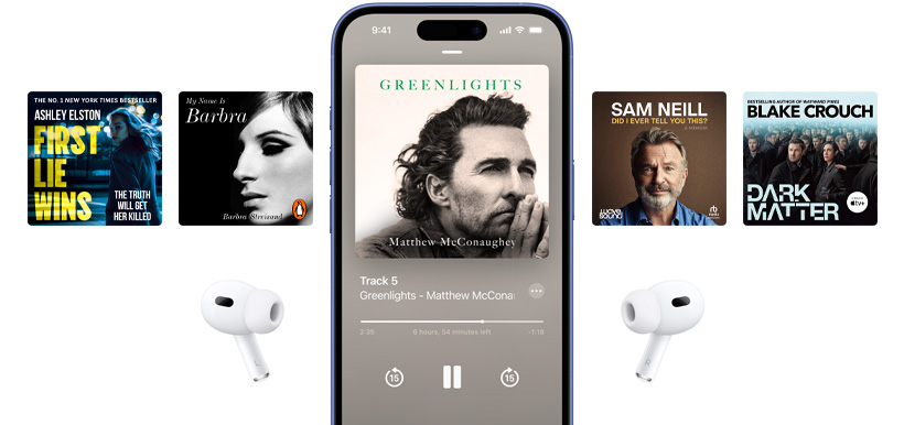 iPhone screen is centred, showing an audiobook in the Books app. Surrounding the phone are audiobook covers positioned in a horizontal layout.
