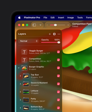 Pixelmator Pro layering tools, arrange tools, graphic image of a hamburger for a flyer