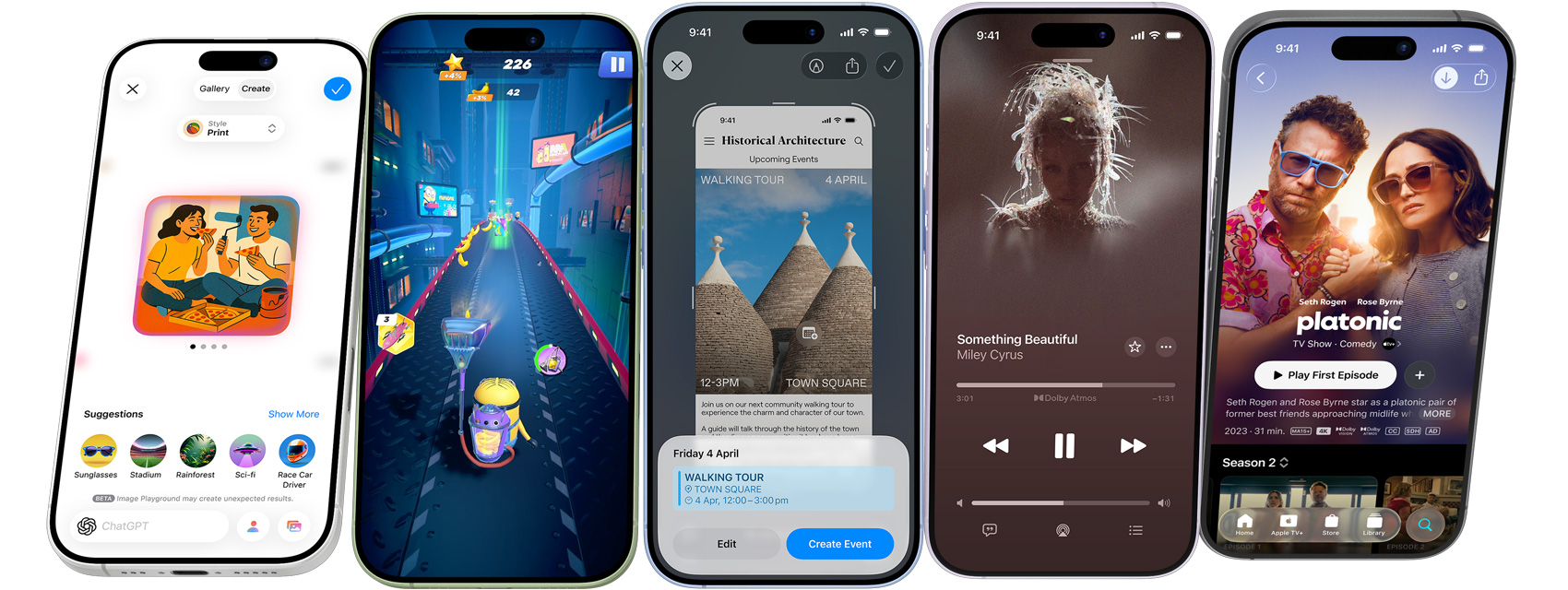 iPhone 17 devices spinning end over end, stopping on screens showing iPhone features