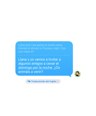Live Translation in Messages feature in use showing translation from English to Spanish