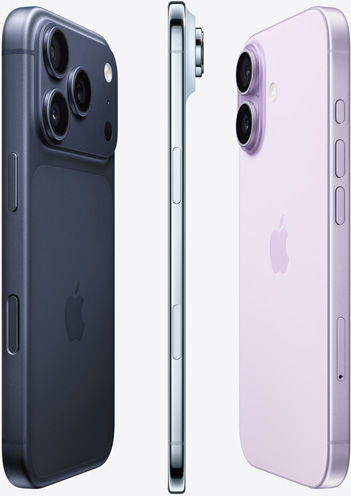 The camera-side of iPhone 17 Pro in Deep Blue, side profile of iPhone Air in Sky Blue, and back side of iPhone 17 in Lavender spread out in a fan pattern.