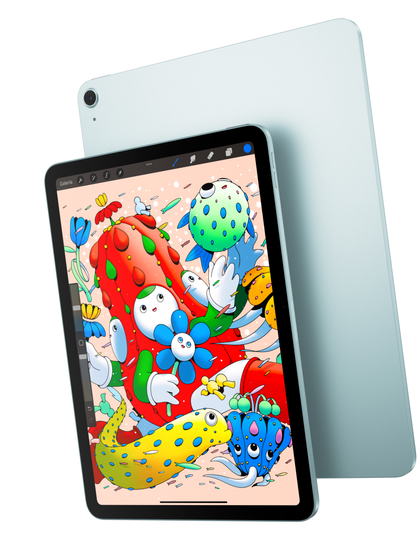 Imagem da parte da frente do iPad Air mostrando o modelo de 11 polegadas com o app Procreate que se sobrepõe à parte de trás de um iPad Air azul.