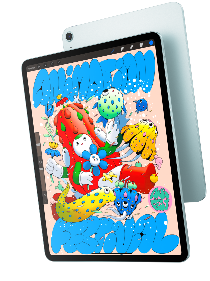 Imagem da parte da frente do iPad Air mostrando o modelo de 13 polegadas com o app Procreate que se sobrepõe à parte de trás de um iPad Air azul.