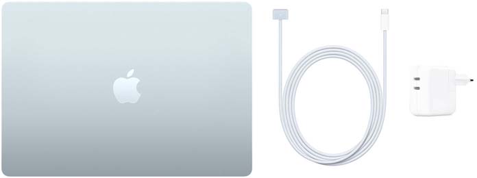 MacBook Air de 15 polegadas, cabo de USB-C para MagSafe 3 e adaptador de energia USB-C de 35W com duas portas