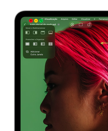 Controles de janela com botão vermelho para fechar, botão amarelo para minimizar e botão verde para ampliar, além de opções para mover e redimensionar ou organizar as janelas