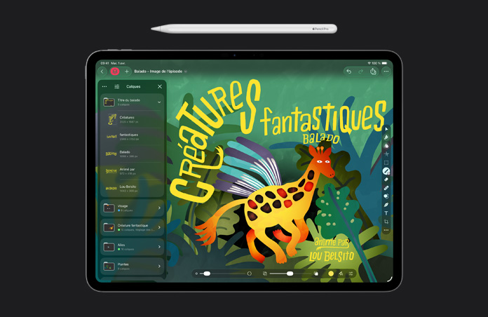 Apple Pencil, iPad Pro 13 pouces, Pixelmator Pro, illustration d’une couverture d’épisode de balado, outils de calques