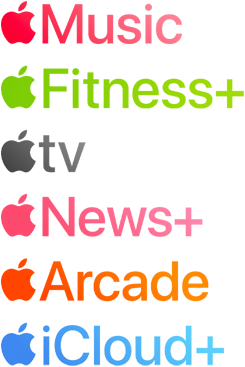 Logotypes des services d’abonnement Apple, dont Apple Music, Fitness+, Apple TV, Apple News+, Apple Arcade et iCloud