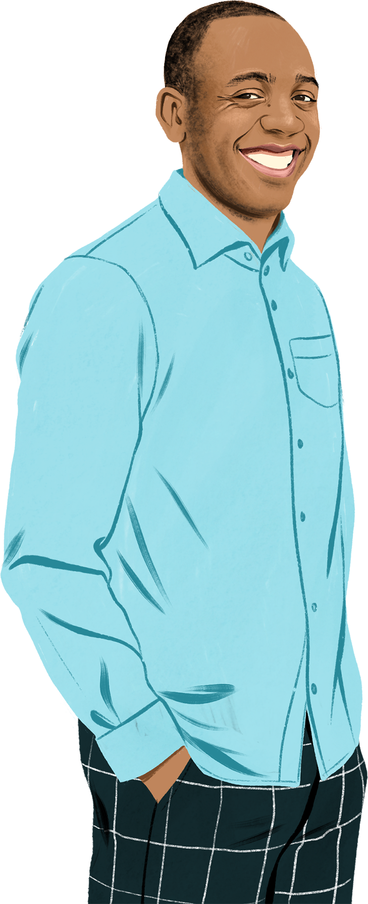 Portrait stylisé de Brian, de face, tout sourire, accompagné de dessins illustrant des iPhone, des iPad et un cadenas.