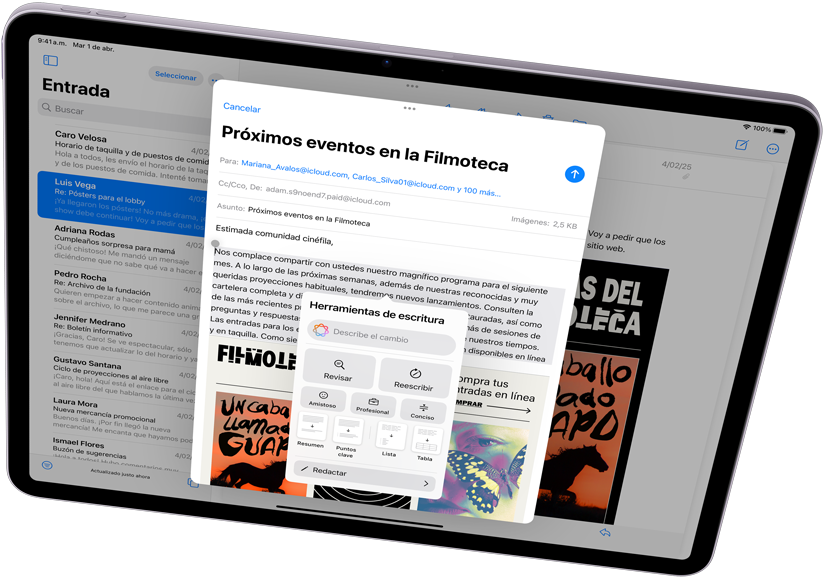 iPad Air en horizontal que muestra Apple Intelligence con Herramientas de Escritura y Mail