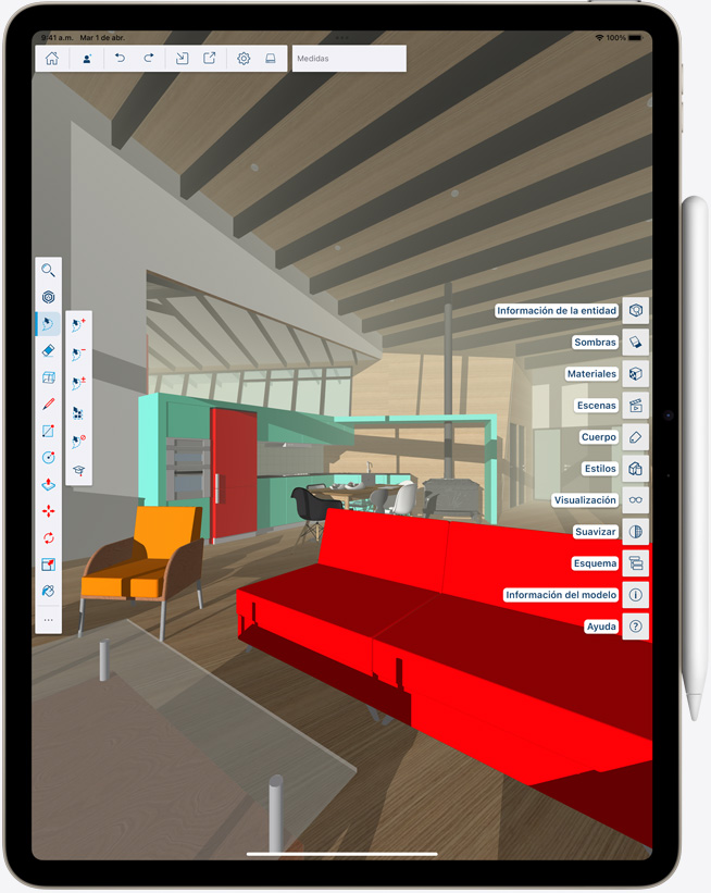 iPad Air con un Apple Pencil adherido, posición vertical, imagen colorida en la pantalla