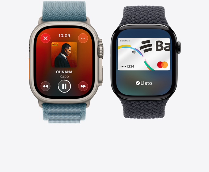 Apple Watch Ultra 3, caja de titanio, app Apple Music, pantalla Ahora Suena, Apple Watch Series 11, caja de aluminio, negro azabache pulido, pantalla Apple Pay, Apple Card