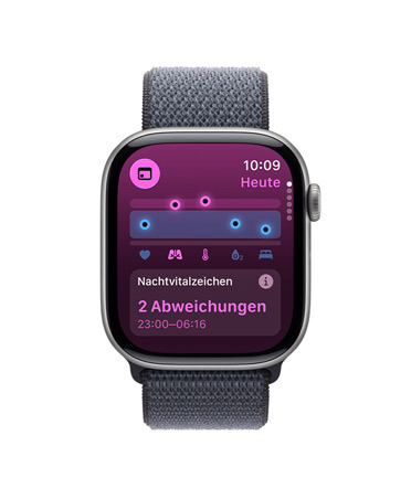 Apple Watch Series 11, Farbe Space Grau, Aluminiumgehäuse, Vitalzeichen App, Diagramm mit Gesundheitsindex, Mitteilung über Abweichungen bei im Schlaf erfassten Vitalzeichen, rechte Seitenansicht, Digital Crown, Sport Loop, Farbe Dunkelgrau