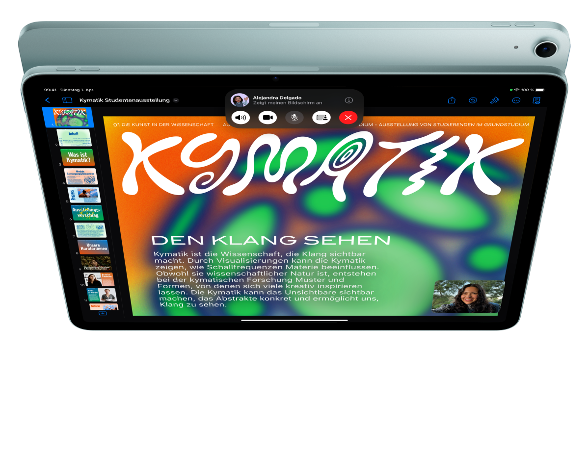 iPad Air, Vorderansicht, FaceTime und Keynote sind geöffnet, dahinter die Rückseite eines anderen iPad Air