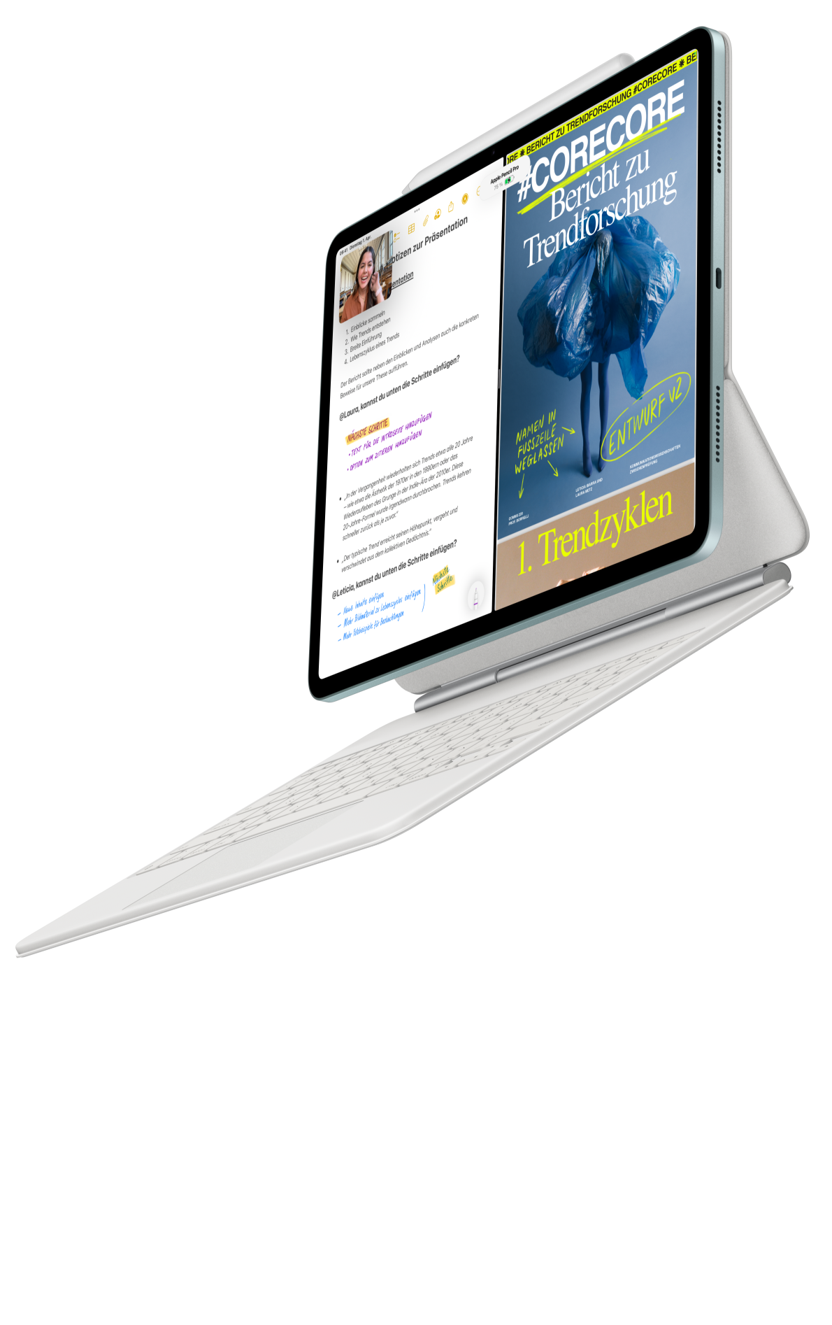 Ein iPad Air ist mit dem Magic Keyboard für das iPad Air und dem Apple Pencil Pro verbunden