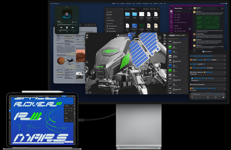 iPad Pro befestigt am Magic Keyboard, Vorderansicht, alle verbunden mit einem externen Mac Studio Display, iPad Pro Display mit Grafikdesign App, leuchtende Farben und Text, Studio Display zeigt verschiedene Apps und ein 3D Modell