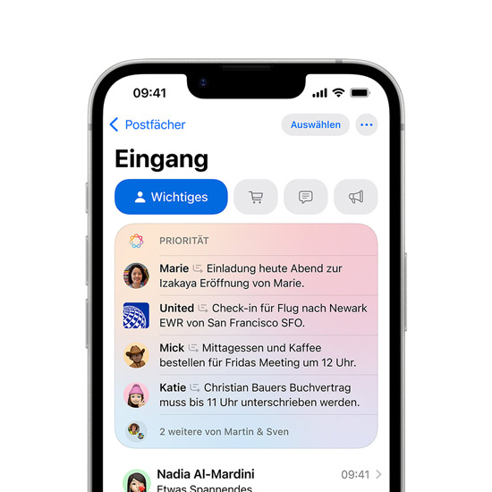 Teilansicht eines iPhone 16e Displays, das Priorisierte Nachrichten in Mail zeigt.