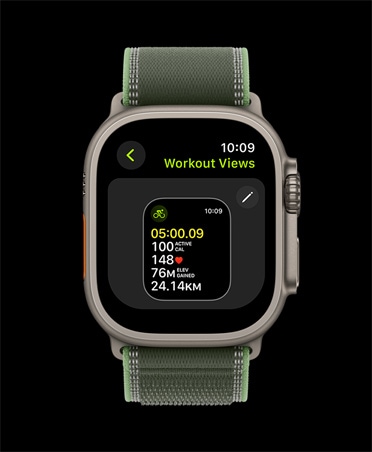 Apple Watch Ultra 3, titaanist korpus, naturaalne värv, Workout Views ekraani muutmine, Trail Loop rihm, roheline/neoonvärv