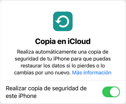 Pantalla del uso de datos en la copia de seguridad de iCloud