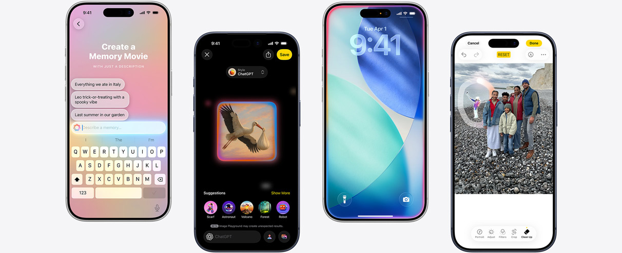 Fem iPhone-modeller, der viser Apple Intelligence-funktioner: oprettelse af en film med minder, udvikling af grafik i Image Playground, iOS-låseskærm, der gløder, Liveoversættelse under et telefonopkald og oversættelse i realtid i Beskeder.