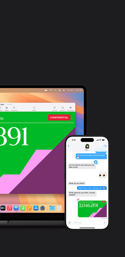 En presentasjon vises på en Mac. Foran Macen er en iPhone som viser en meldingstråd og en delt presentasjon.