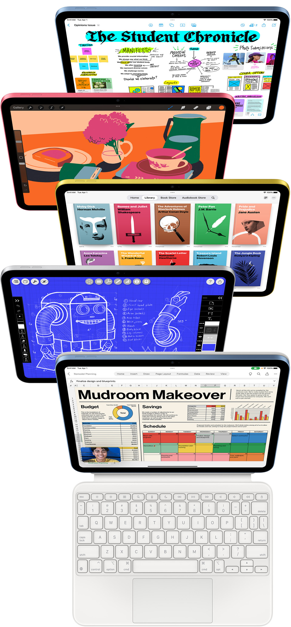 Front-facing iPad screens show a variety of apps including Freeform, ProCreate, Books, iMovie and Microsoft Excel with Webex Meetings.