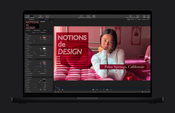 Écran de MacBook Pro 16, Final Cut Pro, design graphique, superposition typographique, personne vêtue d’un pull blanc, mobilier rose, pièce rose