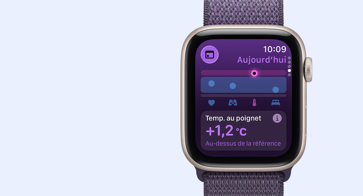 Apple Watch SE 3, boîtier en aluminium, minuit, mesure de la température au poignet, côté droit, Digital Crown, bracelet, Boucle Sport, bleu maritime