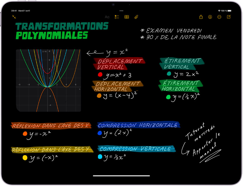 iPad Air, mode paysage, écran affichant Notes mathématiques