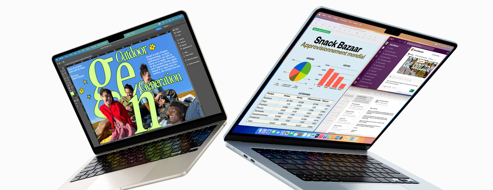 MacBook Air 13 pouces et 15 pouces partiellement ouverts — l’un des écrans montre une tâche de design en cours, l’autre montre le mode multitâche avec l’utilisation de la messagerie et de feuilles de calcul