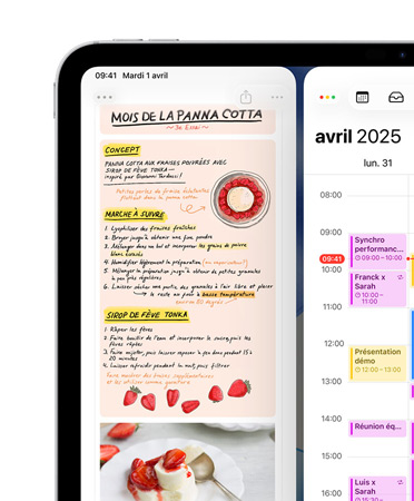 Un iPad, orientation paysage, la partie supérieure gauche de l’écran affiche les apps Notes et Calendrier, disposées côte à côte pour illustrer les fenêtres en mosaïque