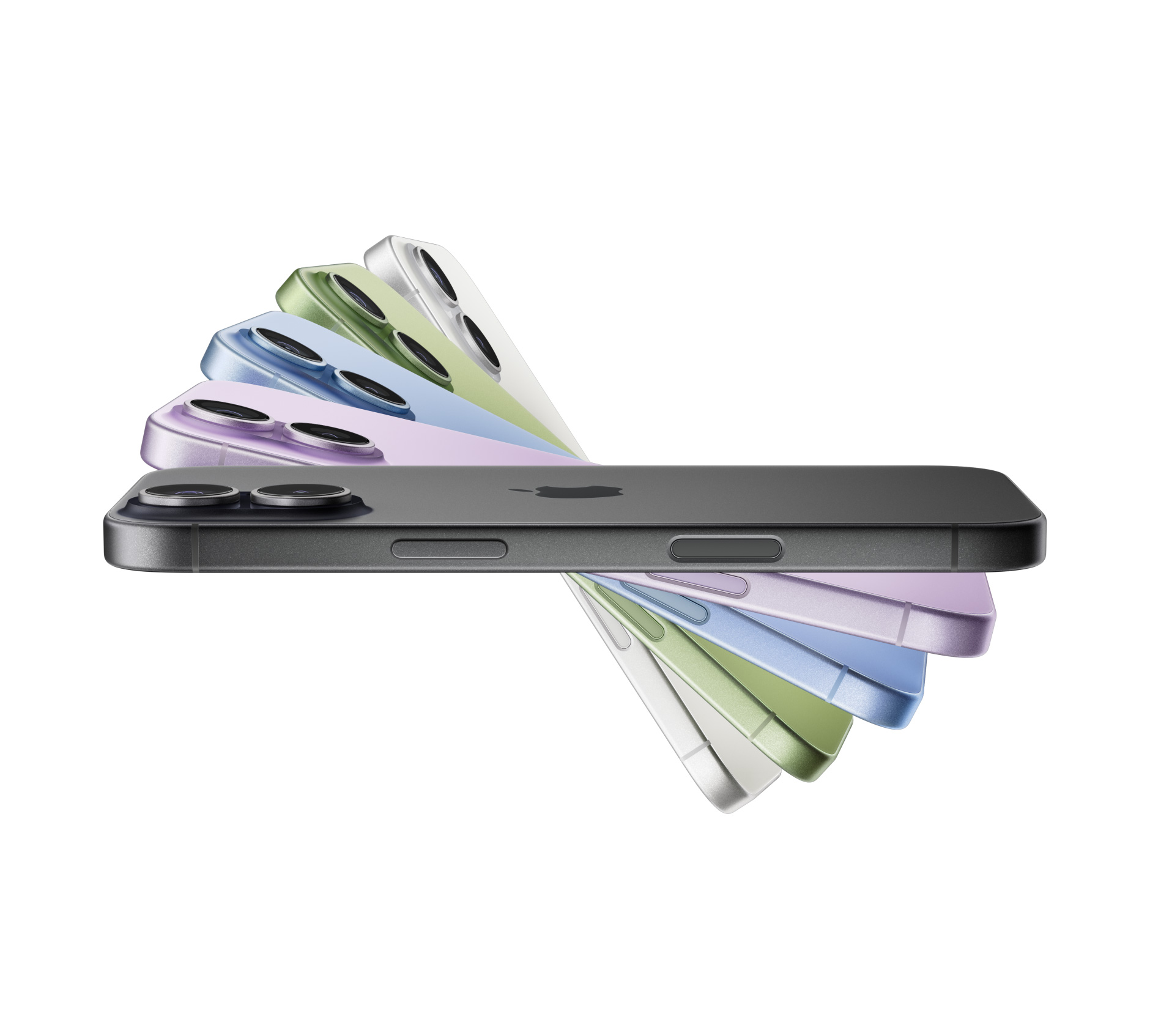 Lepezasto poredani uređaji iPhone 17 u crnoj, boji lavande, magličasto plavoj, kadulja zelenoj i bijeloj boji