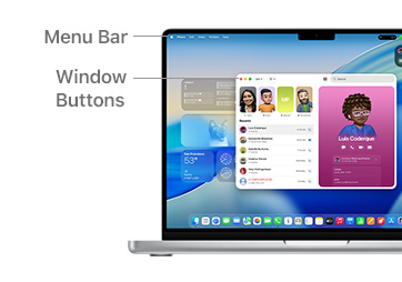 Tur navigasi macOS di MacBook Pro 14" dengan garis yang menunjukkan lokasi Bar Menu dan Tombol Jendela.