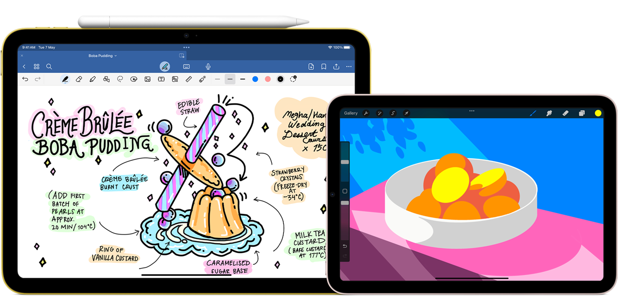 On left, iPad, landscape orientation, displaying a graphic with notes and a drawing with Apple Pencil USB-C attached at top. On right, iPad mini, landscape orientation showing a colourful illustration made with ProCreate.