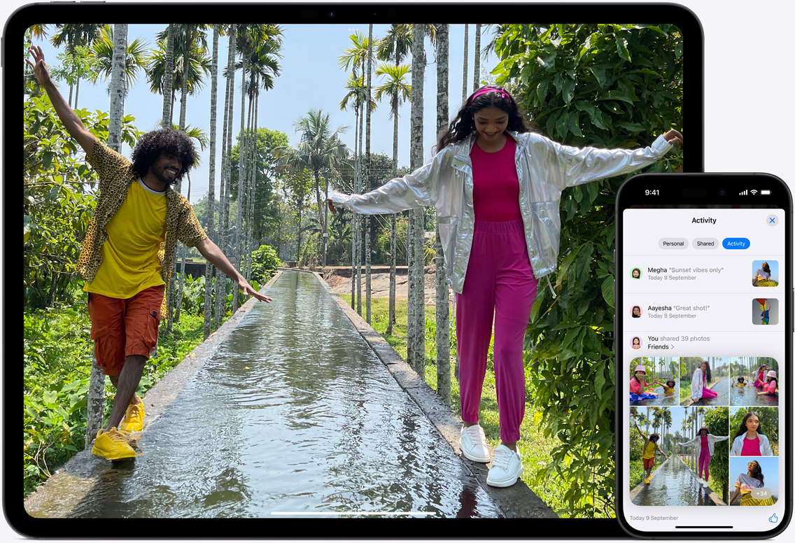 iPad and iPhone screens of iCloud Photos featuring images of a father with his two daughters at the beach
