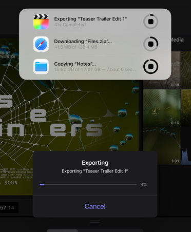 Background tasks notification showing progress of video export, file download and moving notes to backup