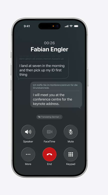 iPhone screen showing Live Translation feature in use during a phone call
