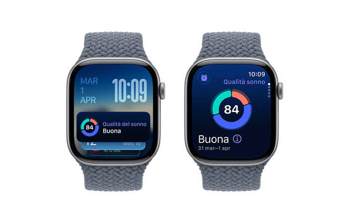 Apple Watch Series 11, cassa in alluminio grigio siderale, suggerimento di Raccolta Smart, notifica di Qualità del sonno, lato destro, Digital Crown, cinturino Solo Loop intrecciato blu salmastro