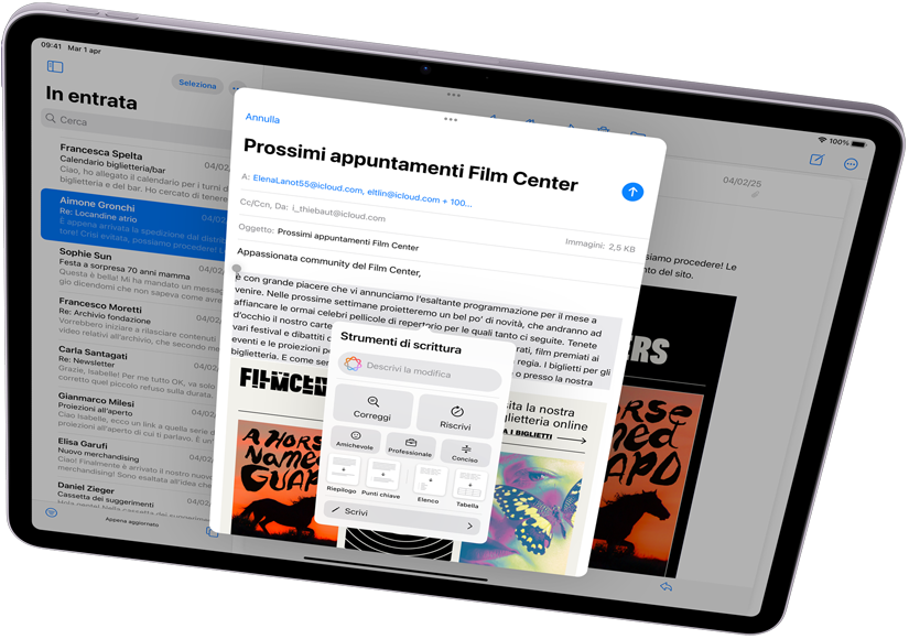 Un iPad Air in orizzontale che mostra gli Strumenti di scrittura di Apple Intelligence e Mail