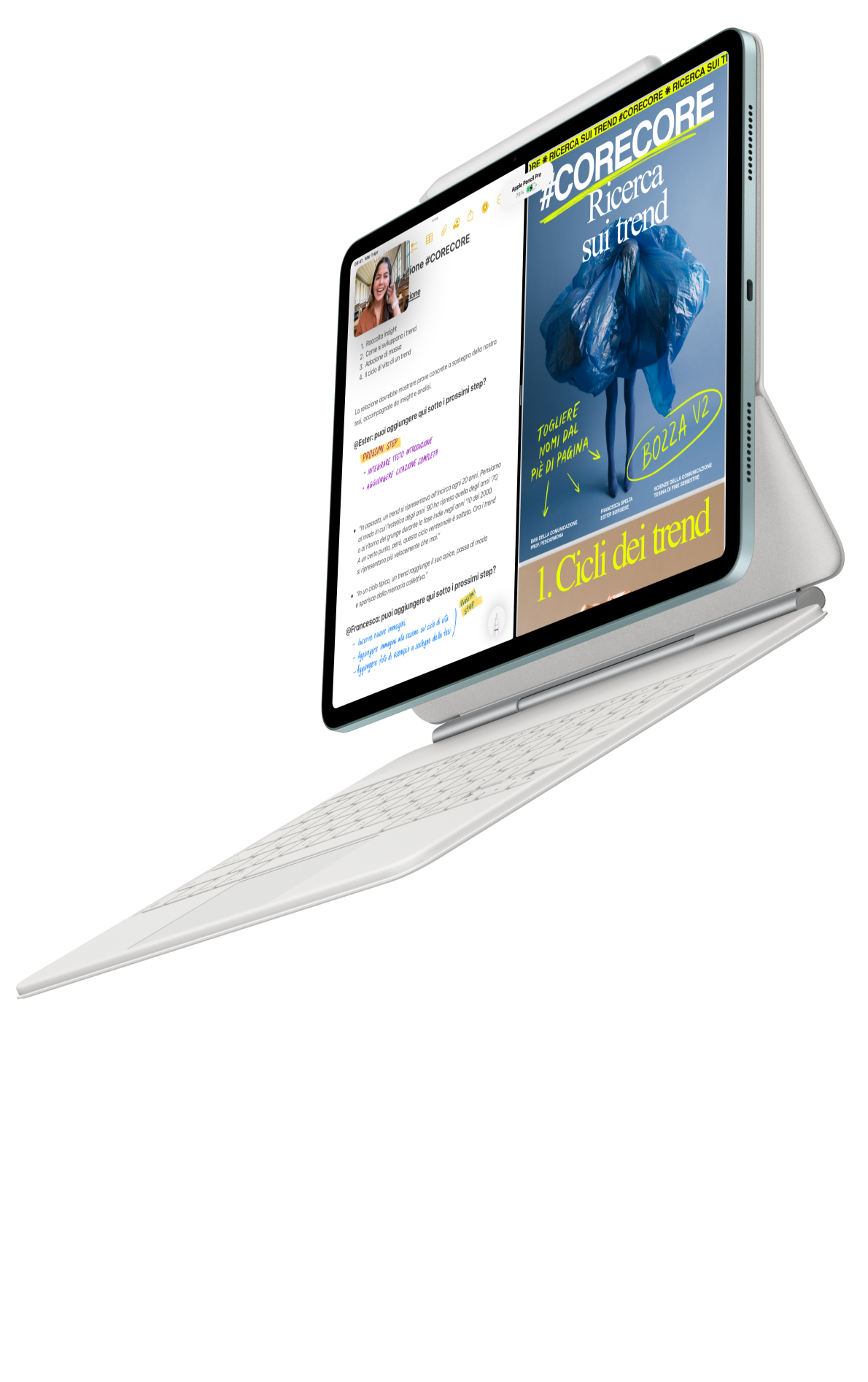 Un iPad Air agganciato a una Magic Keyboard per iPad Air e a una Apple Pencil Pro