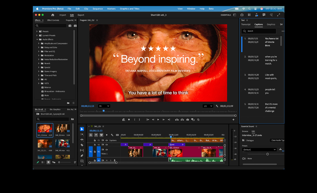 MacBook Proに、Adobe Premiere Proで「Eternal Play」という映画を編集している画面が表示されている