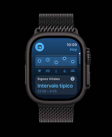 Apple Watch Ultra 3, color negro, caja de titanio, app Signos Vitales, gráfica con puntuación de salud, notificación de valores anómalos de signos vitales nocturnos, correa estilo milanés negra