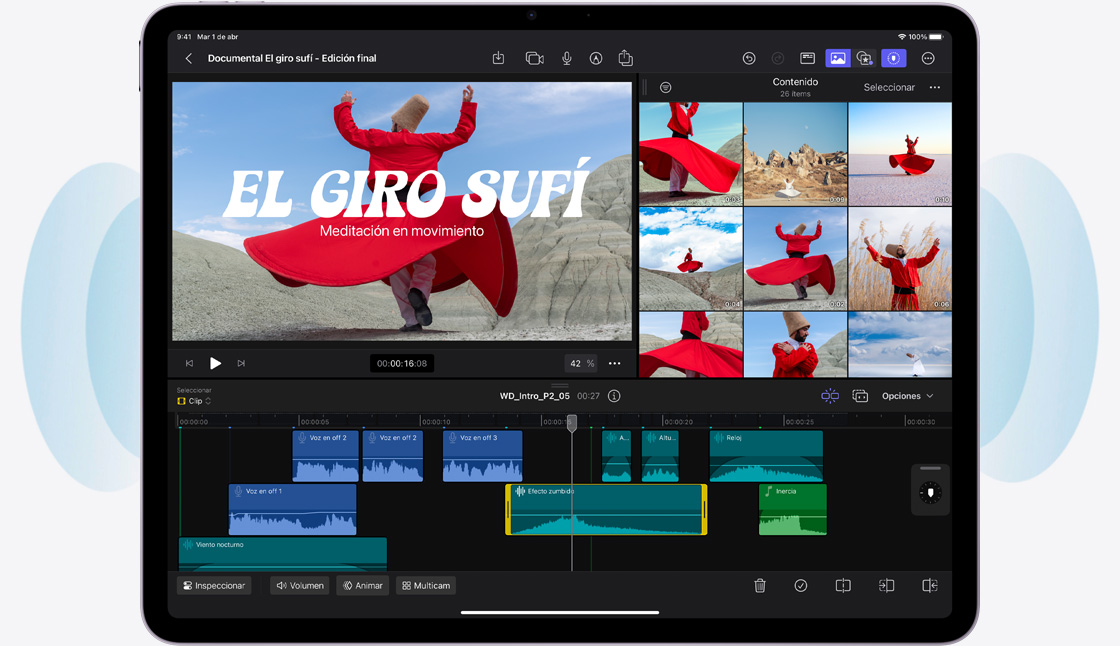 iPad Air en posición horizontal, muestra una edición en Final Cut Pro