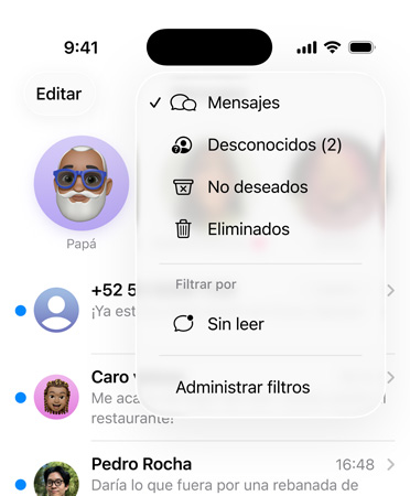 La app Mensajes muestra las nuevas herramientas que filtran números desconocidos y los ubica en una sección llamada Remitentes Desconocidos