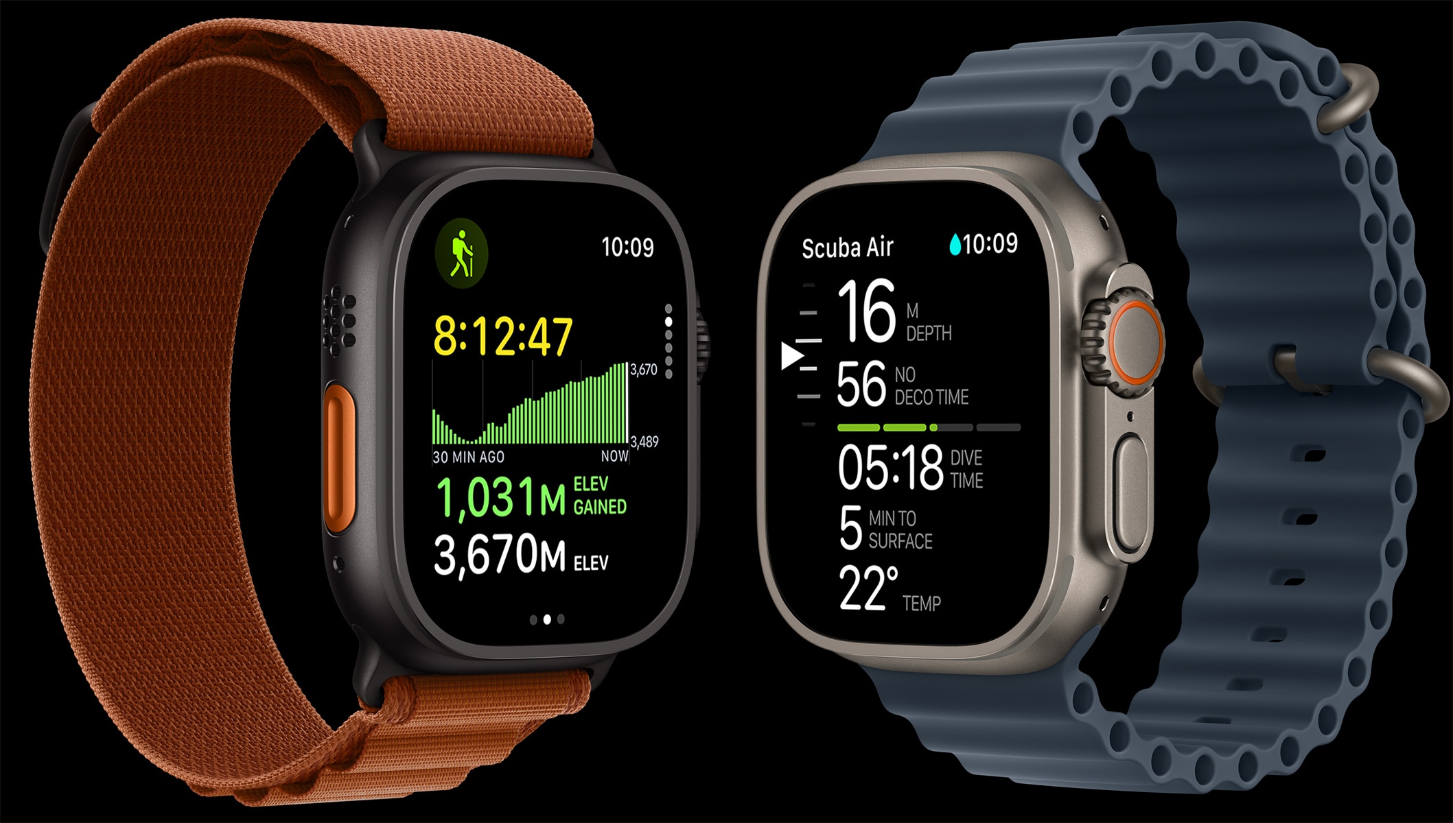 Apple Watch Ultra 3 ierīces, titāna ietvari, melna un dabīga krāsa, takas karte, niršanas rādītāji, siksniņas, Alpine Loop siksniņa, terakotas krāsa, Ocean Band siksniņa tērauda zilā krāsā