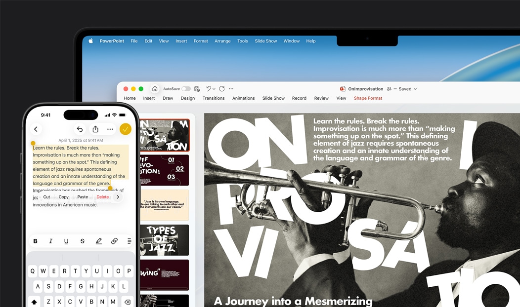 iPhone&nbsp;16&nbsp;Plus, kurā Notes&nbsp;aplikācijā ir izcelts teksts, MacBook&nbsp;Pro ar atvērtu Keynote&nbsp;slaidu, teksts no Notes&nbsp;aplikācijas ir redzams slaidā