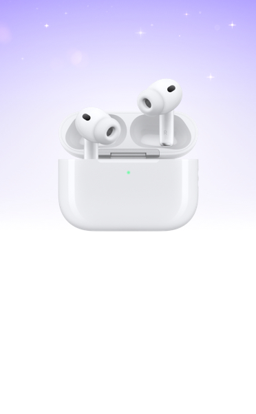 AirPods Pro 3, white color, open charging case, wireless headphones with silicone tips, set against a purple-to-white gradient starry sky.