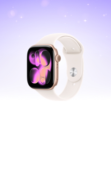 Apple Watch Series 11, titanium case, gold color, Responsive Art watch face, right side exterior, Digital Crown, microphone, side button, Milanese Loop band, gold color, set against a purple-to-white gradient starry sky.