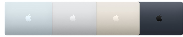 السطح الخارجي لأربعة موديلات من جهاز MacBook&nbsp;Air يبيّن أربعة ألوان مختلفة