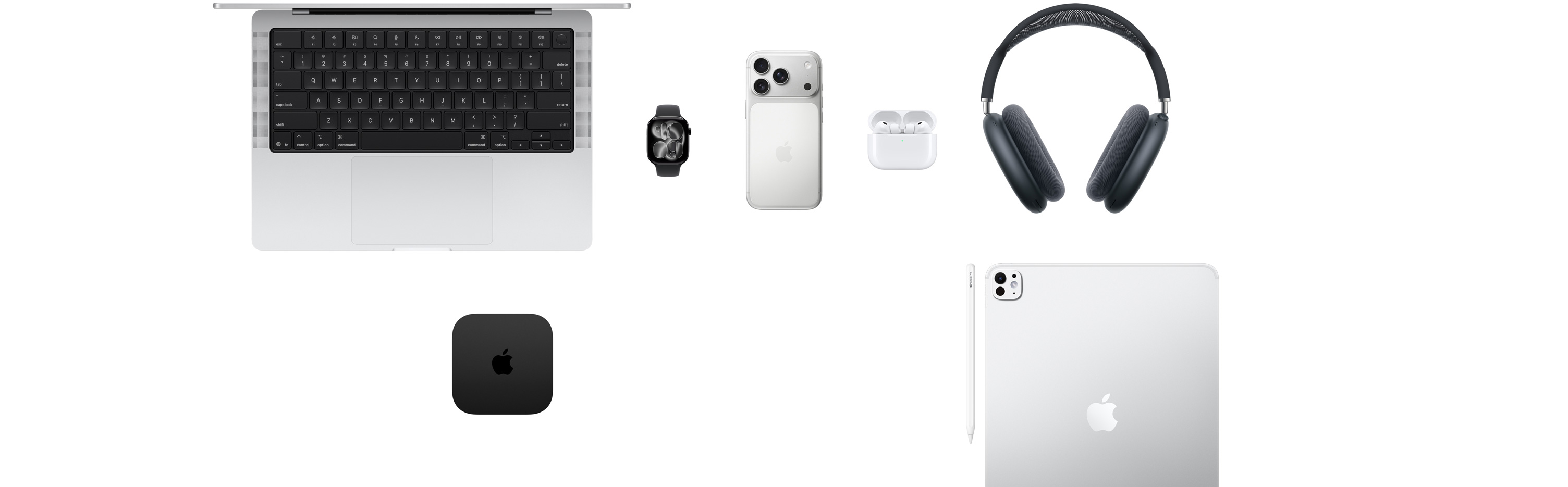 多款 Apple 產品展現眼前，包括 MacBook、Apple Watch Series 11、iPhone 17 Pro、AirPods Pro 3、AirPods Max、Apple TV、Apple Pencil Pro 和 iPad Pro