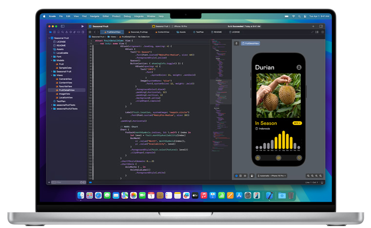 一台打開的 Mac，顯示著 Xcode 應用程式。